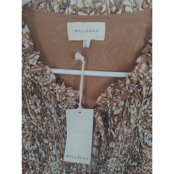 Melloday Brown Floral Tunic Top Peasant Smocked LS Ruffle Neck S NWT - Picture 5 of 7